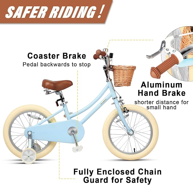 Petimini Vintage Kids Bike for Girls, 12–20 Inch Classic Bicycle with Wicker Basket & Bell, High Tensile Steel Frame, Training Wheels (12–18”), 85% Pre-Assembled, Retro Bike for Outdoor Riding