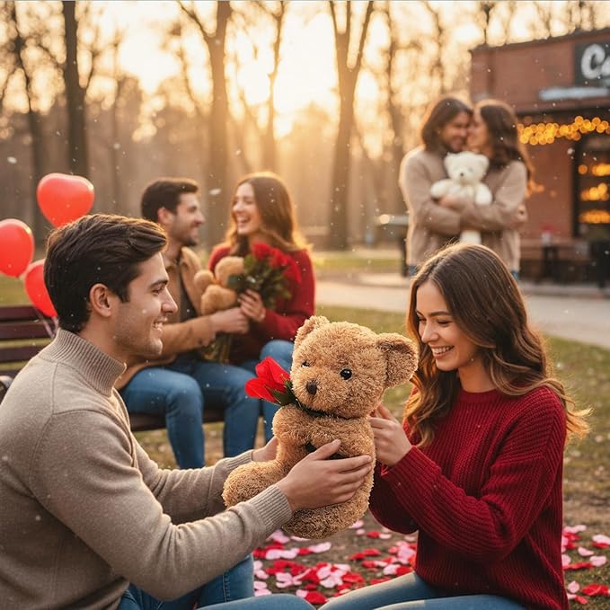 Civaner Bear Stuffed Animal Gift with Rose Funny Cute Bear Stuffed Animal Plush Gift for Mother Day Mom Birthday Wedding Christmas, 11.8 Inches(Beige)