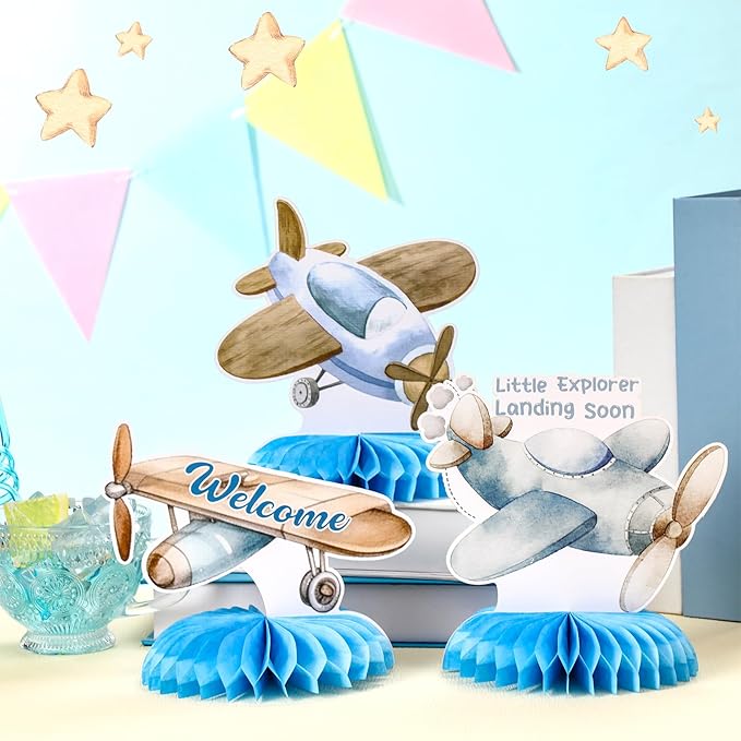 12 Pcs Airplane Party Decorations Blue Honeycomb Centerpieces Airplane Table Decoration Little Explorer Landing Soon Table Topper for Birthday Party Favors Supplies