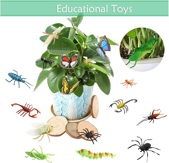 Insect Bug Toy Figures for Kids Boys Girls (24pcs), 2-4” Fake Bugs - Fake Spiders, Cockroaches, Scorpions, Crickets, Lady Bugs, Mantis and Worms for Education and Christmas Party Favors by Pinowu