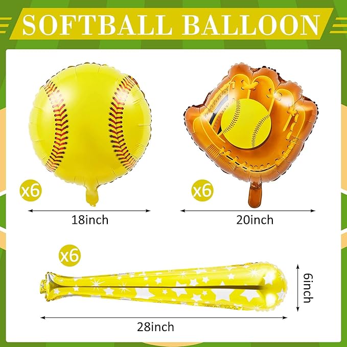 18 Pcs Softball Foil Balloons Softball Party Decorations 18 Inch Ball 20 Inch Glove 30 Inch Bat Balloons Sports Theme Softball Party Favors Softball Birthday Party Supplies for Gifts Props