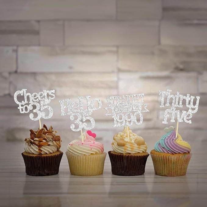 Ephlyn 24Pcs Happy 35th Birthday Cupcake Toppers Silver Thirty Five Cupcake Picks Hello 35 Cheers to 35 Years Birthday Cake Decorations for 35th Birthday Anniversary Party Decor Supplies