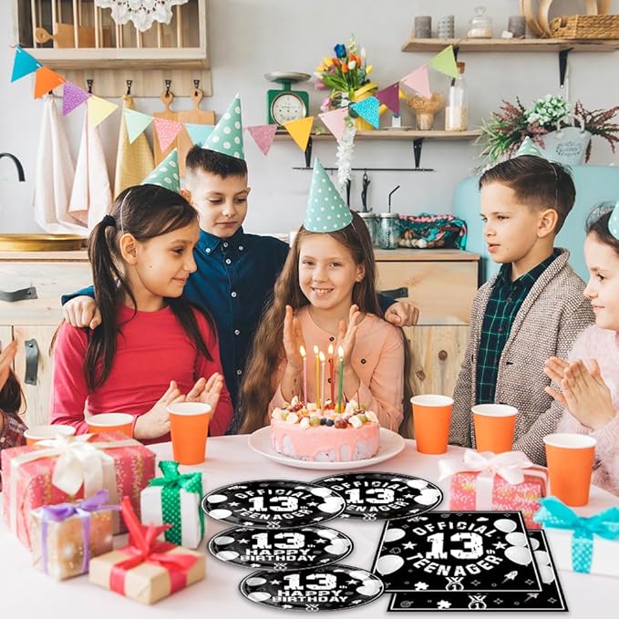 40Pcs 13th Birthday Decorations for Boys Black and Silver Plates and Napkin Set for Boys Teenager Party Decor 13th Birthday Party Decorations