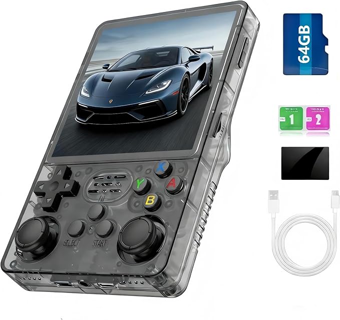 R36Plus Retro Handheld Gaming Console, Portable Retro Game Console,4.0" IPS Screen, Support 15000+ Games/26+ Emulator, Handheld Emulator(Transparent Black/64G)
