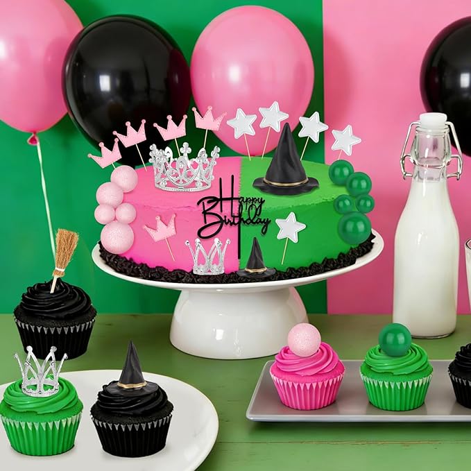 Hooqict 30 Pieces Pink and Green Cake Decorations with Mini Black Witch Hat, Silver Crown, Broom, Happy Birthday Cake Topper for Girls Women Princess Witch Birthday Party Decorations Supplies