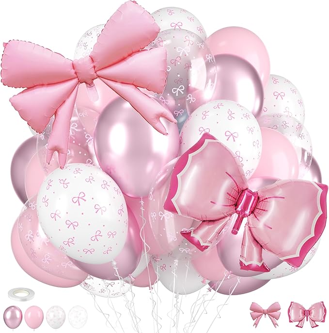 Bow Balloons, Light Baby Pink White Clear Pastel Balloons with Bow Foil Balloon for Girl Princess Women Birthday Party Bachelorette Bridal Engagement Bow Theme Wedding Anniversary Baby Shower Supplies