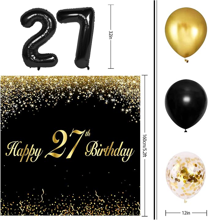 Happy 27th Birthday Balloons Black Set Decor - Cheers to 27 Years Old Party Theme Garland Banner Backdrop Decorations For Women and Men Supplies