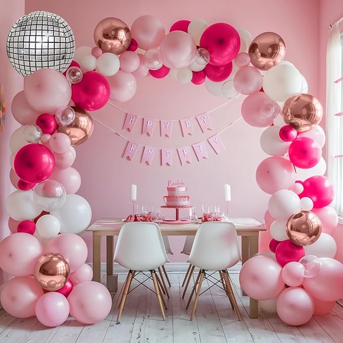 Pink Balloon Garland Arch Kit, Hot Pink Rose Gold White Balloons with Disco Ball Balloons for Girls Birthday Princess Party Background Wedding Baby Shower Decorations