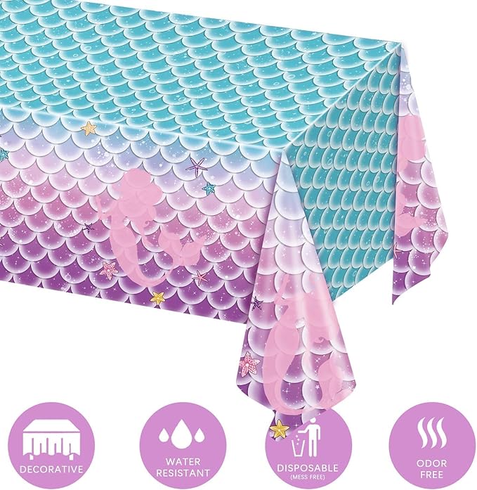 4 Pack Mermaid Tablecloth Mermaids Laser Table Cover for Girls Mermaid Birthday Party Decorations, 108x54 Inch