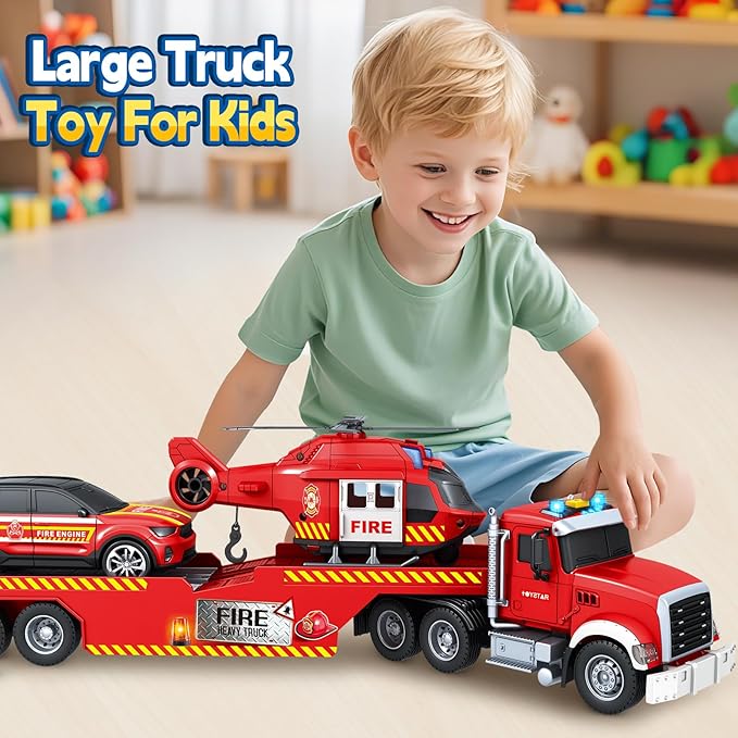 Toddler Boy Toys for 3 4 5 6 7 Years Old Kids, 21" Semi Fire Truck Toy with Racing Car and Helicopter, Friction Powered Toys with Lights and Sounds, Birthday for Boy Girls