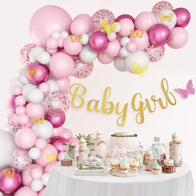 Pink and White Balloon Arch Garland Kit, Pink White Metallic Magenta Confetti Latex Balloons and Butterfly Accessories for Baby Shower Wedding Birthday Anniversary Party Decorations