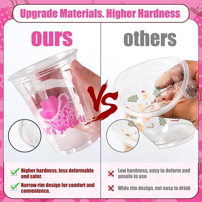 50 Pcs Western Cowgirl Plastic Cups, 12 Oz Pink Disco Cowgirl Plastic Clear Disposable Drinking Cups for Western Party Decoration Cowgirl Birthday Wedding Party Supplies