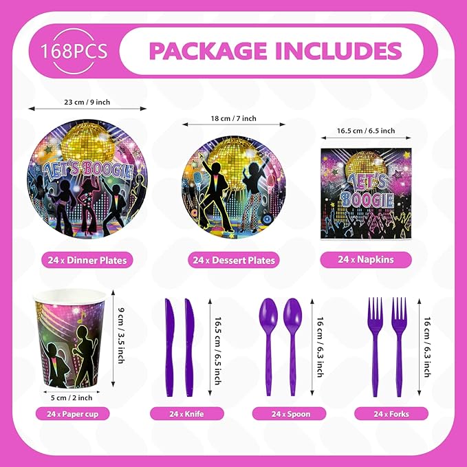 168Pcs Disco Party Decorations 70s Let's Boogie Theme Plates and Napkins Cups Forks Tableware Sets for Back to 60s 70s 80s 90s Let's Boogie Disco Dancing Night Birthday Party Supplies Serves 24 ﻿