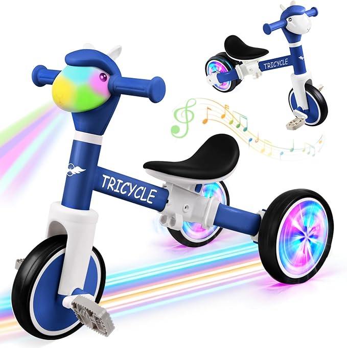 Toddler Balance Bike for Boys Girls, Tricycle for Toddlers 1-5 Year Olds, Toddler Tricycle with Light & Music Front, Kids Bicycle with Removable Pedal, Birthday Gifts for Kids (Flash Wheel Blue)