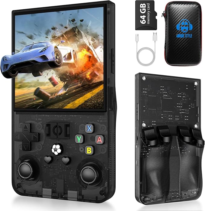 R36MAX Handheld Game Console, Retro Gaming Console with 4000mAh Battery 4.0”IPS Screen, Open Source Linux System, with 64GB TF Card Portable Video Gaming Console, Transparent Black