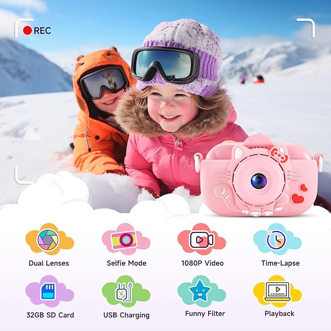 Kids Camera Digital Camera for Age 3-8, 1080P Toddler Camera for Kid with 32GB SD Card, Toddler Girls Toys Age 6-9, Christmas Birthday Gifts for Children, Rose Pink