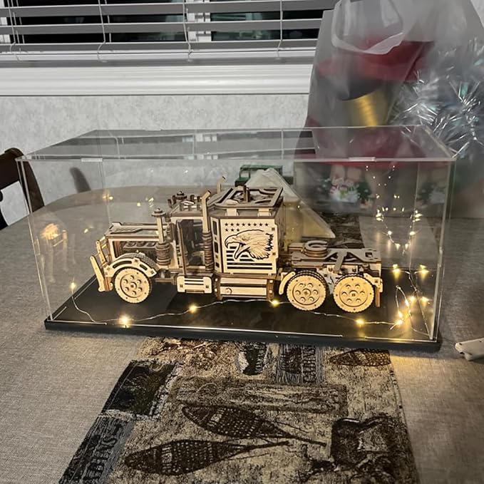 Thickened Clear Acrylic Display Case for Lego 60444 60445 42154 60408 21334 76966 Collectibles, Transparent Box Dustproof Protection with Wood-Plastic Base & Light, Black Inside 19.7x7.9x7.9 inch