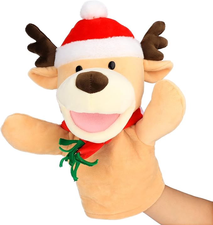 Hopearl Plush Christmas Elk Hand Puppet Reindeer with Open Movable Mouth for Imaginative Play, Role Play, Interactive Toy for Storytelling Teaching Puppet Theater, Gifts for Kids, Brown, 13.5''