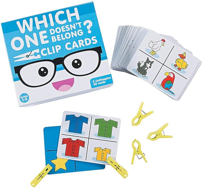 Fun Express Which One Doesnt Belong? Clip Cards – Educational Activity for Kids Builds Critical Thinking and Cognitive Skills Fun & Interactive Learning Tool Colorful Design 3" x 5" Cards – 51 Pieces