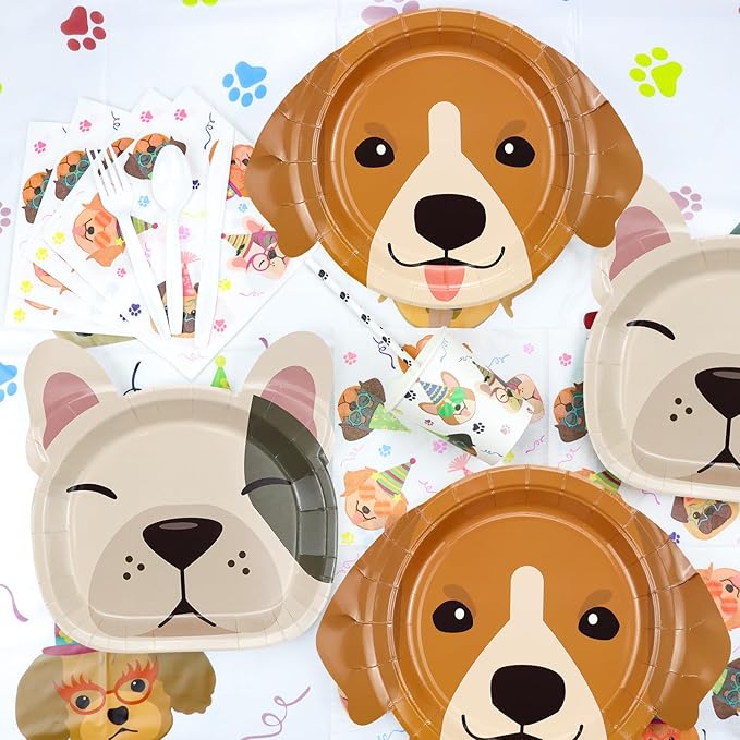 Dog Birthday Party Supplies - Cut Puppy Dog Paw Party Supplies for Doggy, Kids, Birthday Includes Plates, Cups, Napkins, Tableware, Tablecloth, Banner, Balloons, Cake Toppers - Serves 20