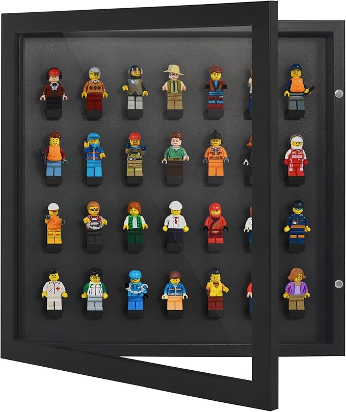 Americanflat 14x14 Minifigure Display Case with Polished Plexiglass - Holds 28 Minifigures - Silhouette Collection - Wall-Mounted Building Block Toy Display Case for Small Toy Collectibles - Black