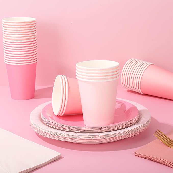 Whaline 244Pcs Pink Tableware Set Serves 48 Gradient Pink Disposable Dinnerware 48 9" Plates 48 7" Plate 48 9oz Cups 100 Napkins for Wedding Birthday Party Supplies