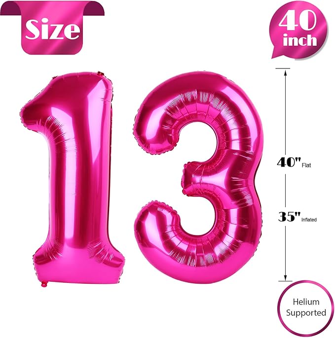 Hot Pink Number 13 Balloons 40 inch, 13 Number Balloons, 13th Birthday Decorations for Girls 13 Year Old Hot Pink Party Supplies