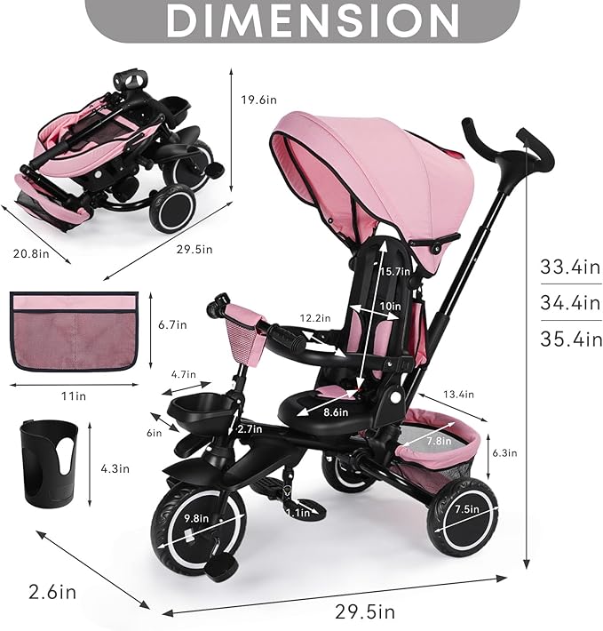 Kinder King Kids Tricycle, 8 in 1 Folding Toddler Trike w/Adjustable Push Handle, Rotatable Seat, Adjustable Canopy, Bell, Five-Point Harness, Storage, Bike Tricycle for Toddlers 1-3, Pink