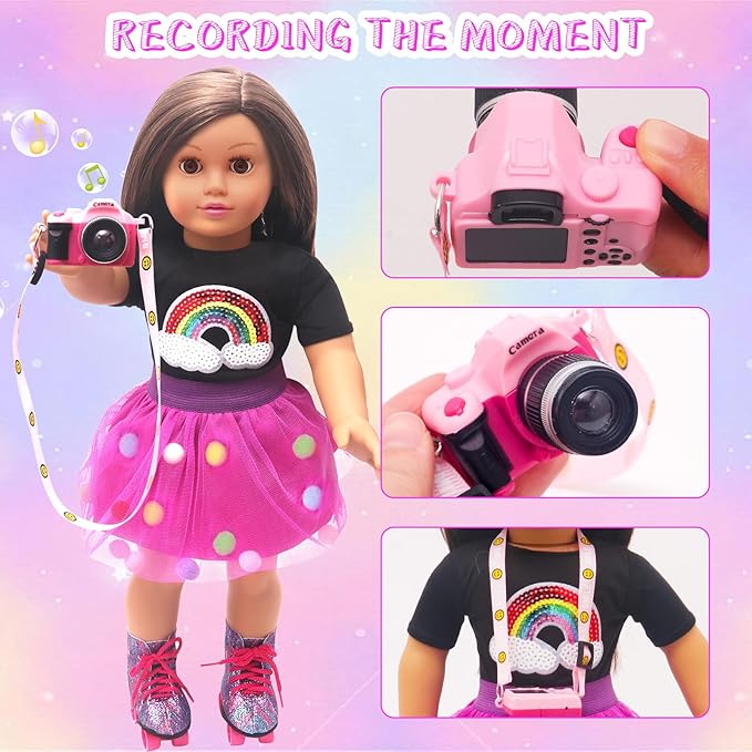 American 18 Inch Doll Accessories Travel Set Including Suitcase Luggage and Dress, Camera Computer Phone Neck Pillow Sunglasses Dolls Travel Gear Play Set Gift for Birthday (NO Doll)