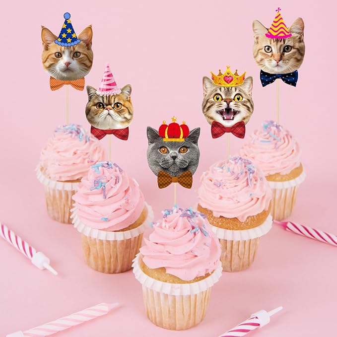 Pet Cat Cupcake Toppers, 24 PCS Pet Cats Themed Birthday Party Supplies for Meow Kitty Cat Birthday Party Baby Shower Party Decorations