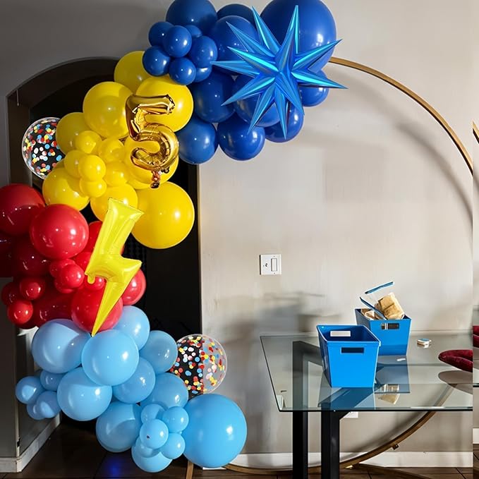 Red Blue Yellow Balloons, 12 Inch Light Blue Red Yellow Confetti Balloons with Star and Foil Balloon for Boy Birthday Party Graduation Baby Shower Decorations