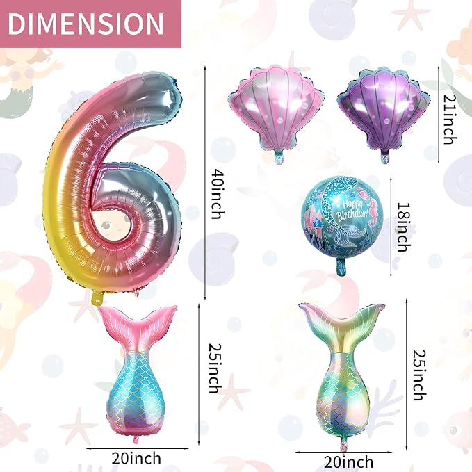 6th Mermaid Birthday Decorations,Pink Blue Balloons Kit Sea Balloon Tail Balloons for Girls Mermaid Party Baby Shower