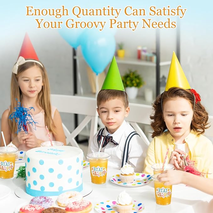 Yungyan 50 Sets Groovy Theme Party Plastic Cups with Lids and Straws 16 oz Coffee Juice Drinking Cups for Birthday Baby Shower Party Supplies