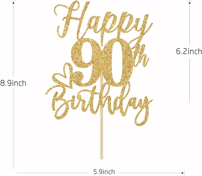 Happy 90th Birthday Cake Topper, 90th Birthday Cake Decorations for Men/Women, Cheers to 90 Years, 90 and Fabulous, 90th Birthday Party Decorations Gold Glitter