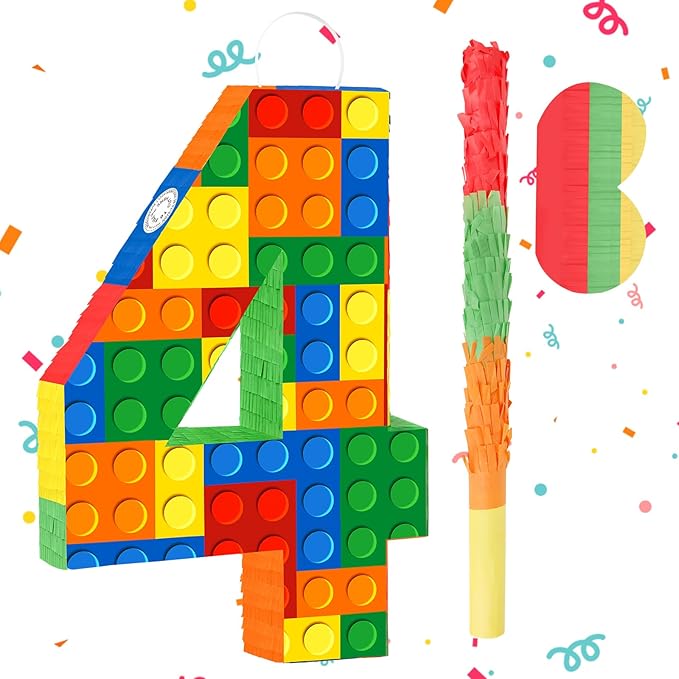 Hooqict Building Blocks 4th Birthday Party Decorations Number 4 Pinata with Pinata Stick & Blindfold for Kids Girls Boys Happy Birthday Building Block Theme Party Supplies Carnival Games