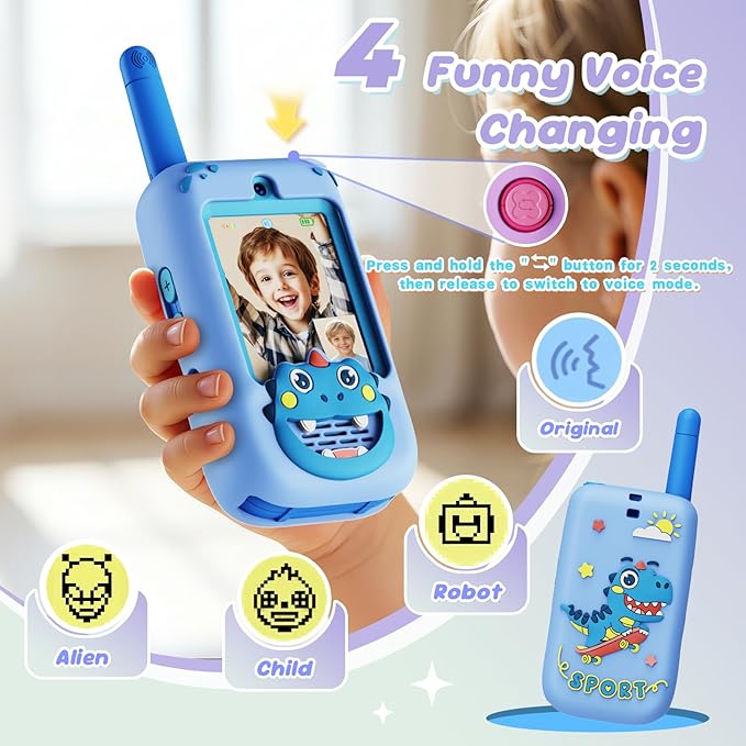 Video Walkie Talkies for Kids, Rechargeable 2 Pack Long Range Two Way Radios with 4 Voice Changer Effects, Toys for Boys Girls Ages 3-12, Outdoor Camping Birthday
