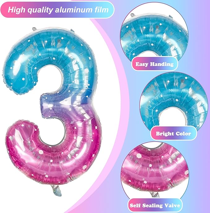 Large Blue Pink Starry 3 Balloons, 40 Inch Giant Mermaid Helium Mylar Foil Globos Numero for Girls, Self Inflating Rainbow 3rd Birthday Balloon for Women Three Anniversary Party Decorations Supplies