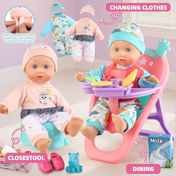 Baby Doll Stroller Play Set with 12.5" Baby Doll,Dining Chair, 2 Sets Clothes and 20 PCS Doll Accessories. Stroller Toy for 3, 4, 5, 6 Year Old Toddler Girls for Realistic Pretend Play.