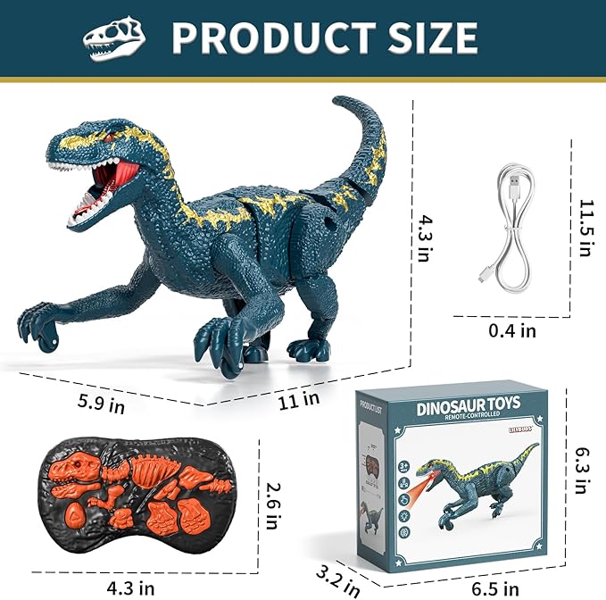 Remote Control Dinosaur Toys for Kids 3-5 5-7, One-Key Demo Simulated Jurassic Velociraptor Dino Toys for Kids Boys with Light & Sounds, Dinosaur Toys Gifts for 3 4 5 6 7 8 Years Old Boys