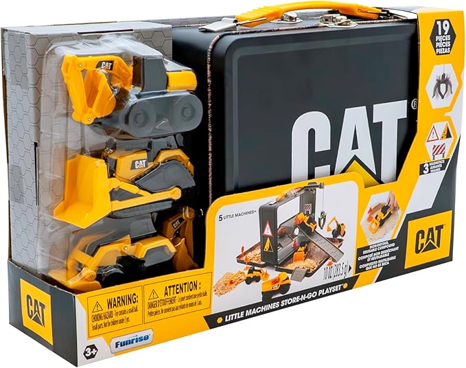 CAT Construction Toys, Store N Go Playset - Tin Travel Case Transforms into Multi-Level Worksite, Includes 2 Little Machines Vehicles & 10 + Accessories, Portable STEM Toy for Kids Ages 3 +