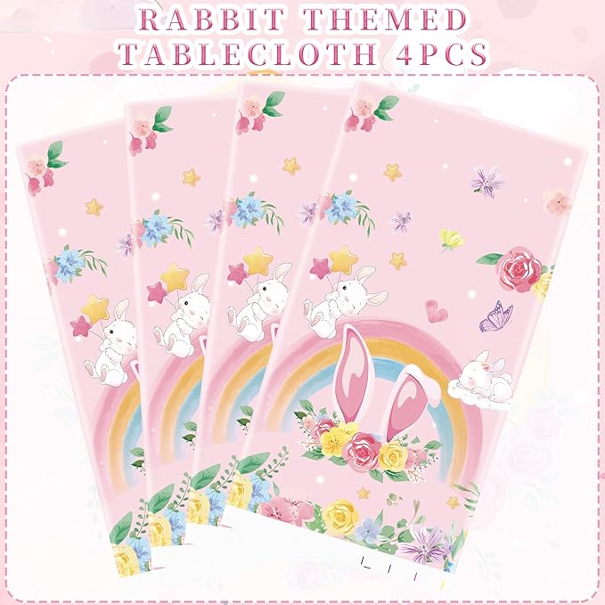 4 Pack Pink Bunny Party Tablecloth Supplies, Rabbit Rectangle Plastic Tablecloth for Rectangle Tables Gilrs Birthday Party Supplies Favors 51'' X 86''
