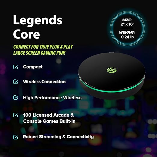 Legends Core, Plug And Play Arcade Game Console, Home Arcade, Classic Retro Video Games, 100 Licensed Genre-Defining Arcade & Console Games, Includes Action Fighting Puzzle Sports & More, WiFi, HDMI