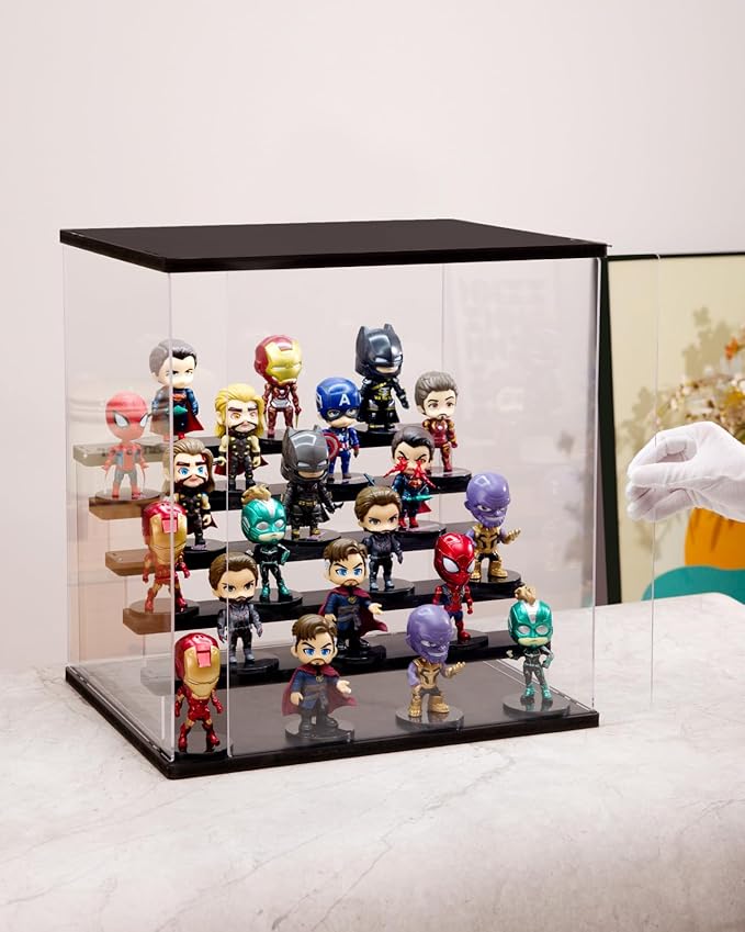 Clear Acrylic Display Case with Light , 6 Tier Display Box Stand Assembly Dustproof Protection Showcase for Collectibles Action Figures (Black 6 Tier L 19.7*12.6*16.5in；50×32×42cm)