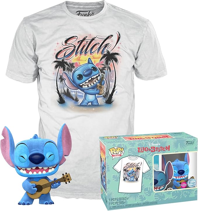 Funko Pop! &Tee: Lilo and Stitch - Ukelele Stitch (Flocked) - 3 Extra Large - (3XL) - T-Shirt - Clothes with Collectable Vinyl Minifigure - Gift Idea - Toys and Short Sleeve Top for Adults Unisex