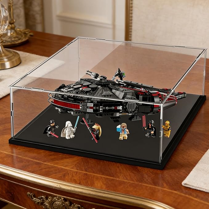 Thickened Clear Acrylic Display Case for Lego 75394 Star Destroyer 75389 Dark Falcon 75337 AT-TE Walker 75354 Collectibles, Box Large Dustproof with Wooden Base & Light, Black Inside 19.7x15.7x7.9inch
