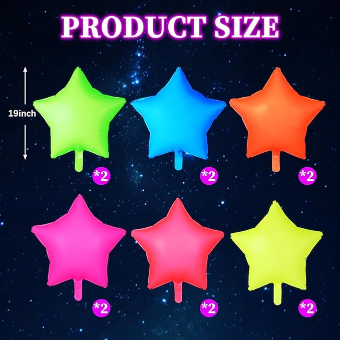 12Pcs Glow in The Dark Party Supply Neon Star Balloons Kit Star Shaped Neon Foil Balloons Blacklight Reactive Balloon for Arche Garland UV Blacklight Birthday Wedding Anniversary Graduation Party