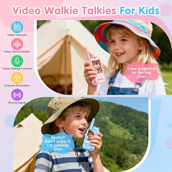 Video walkie-Talkie, 2 Sets of Rechargeable walkie-talkies, Voice Converter, 1000 feet Communication Range, Indoor Entertainment, Camping, Traveling, Birthday Gift (Blue/Pink)