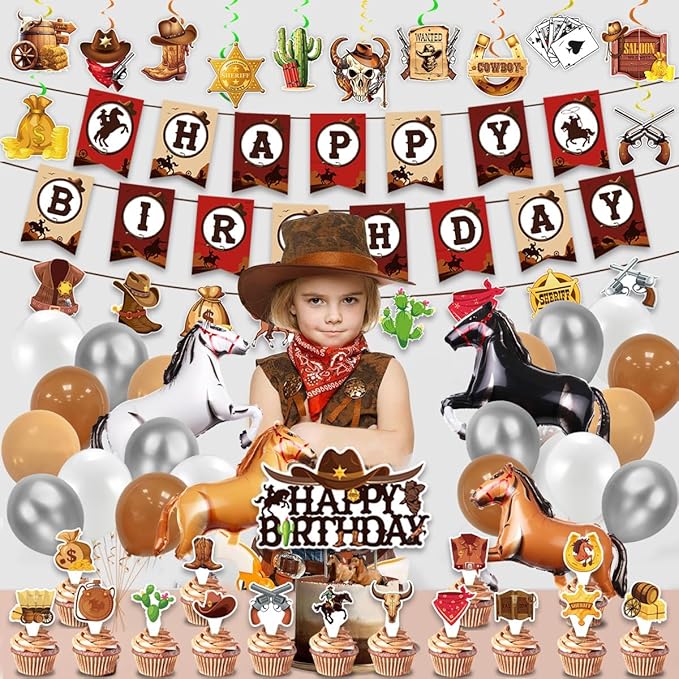 Western Cowboy Birthday Party Supplies,Western Cowboy Birthday Party Decorations Supplies Include Banner,Horse Balloons,Cake Toppers, Spiral Party Decoration