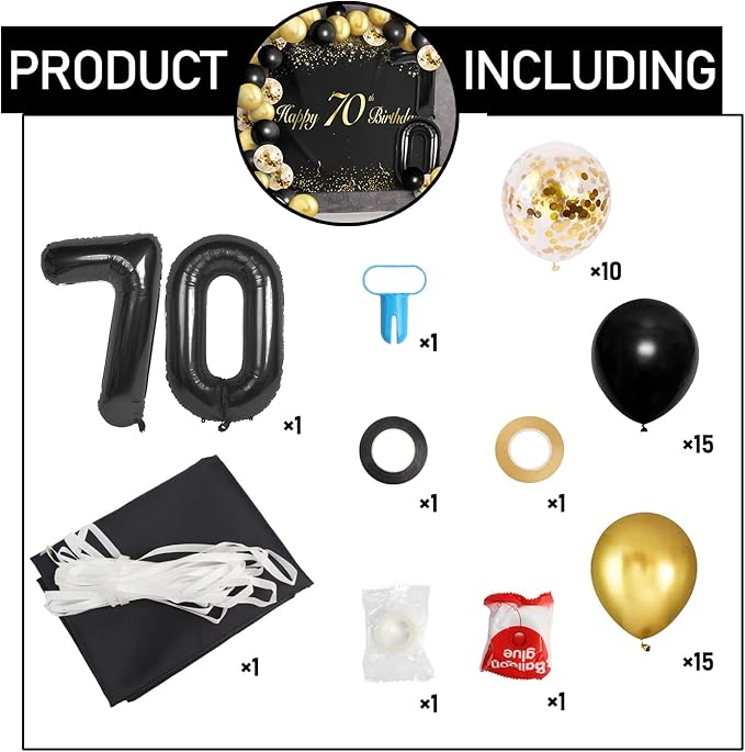 Happy 70th Birthday Balloons Black Set Decor - Cheers to 70 Years Old Party Theme Garland Banner Backdrop Decorations For Women and Men Supplies