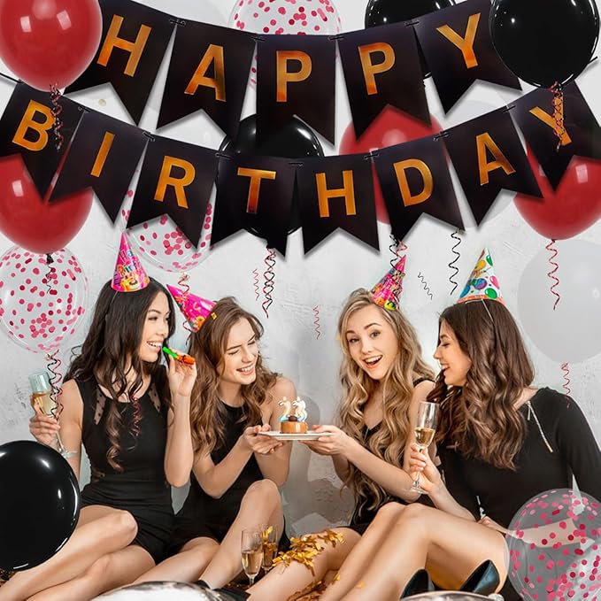Happy Birthday Banner, Red Birthday Decoration, 16 pcs 12 inch Balloons with 2 Ribbons for Men Women Girls and Boys Party Decoration